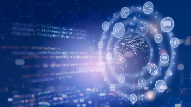 Application development/digital transformation concept with icon representing networking and connectivity on a blue background.